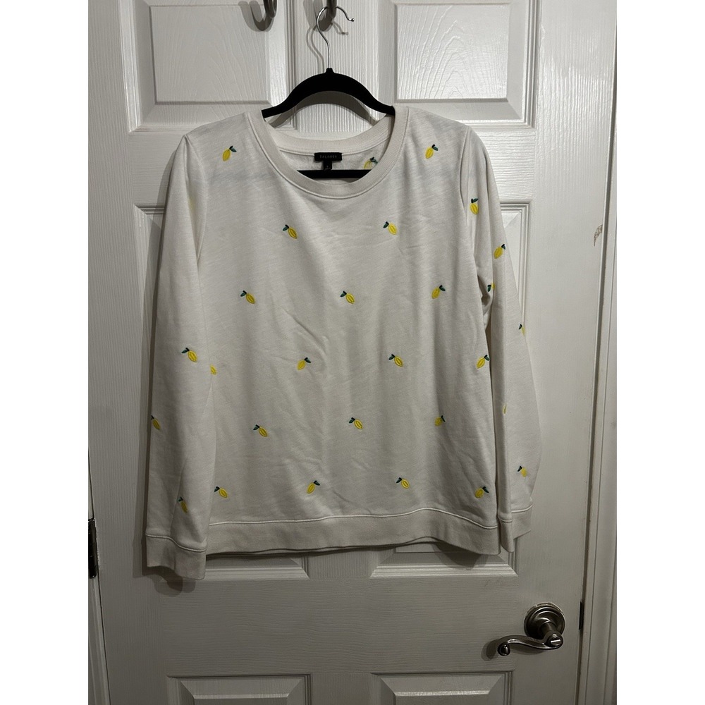 Talbots L Crewneck Sweatshirt White‎ Embroidered Lemons Preppy Comfort Cozy Chic